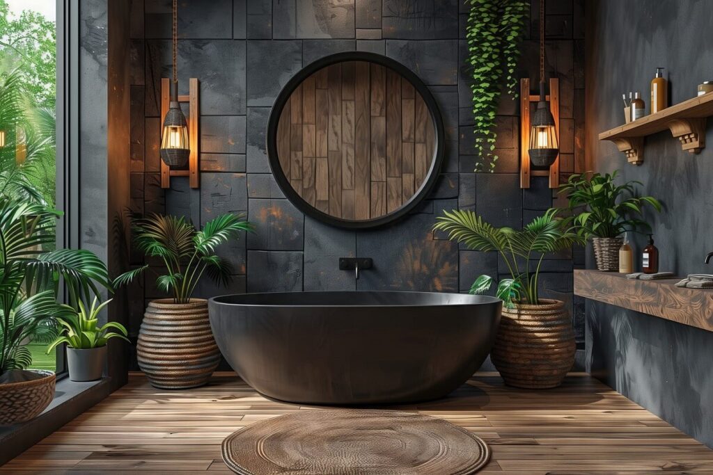 Salle de bain à baignoire noire et des plantes naturelles pour décor