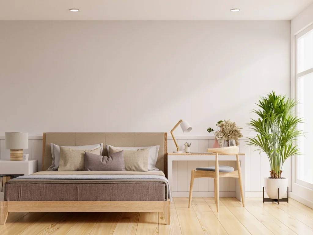 Une chambre spacieuse avec un lit et un bureau