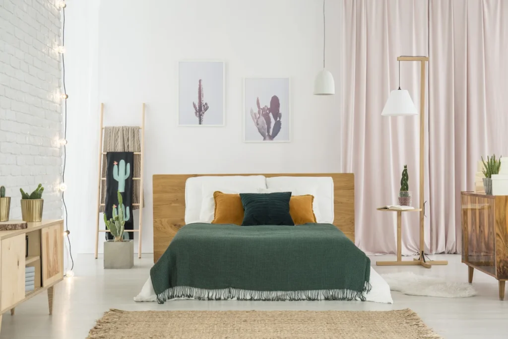 Une chambre colorée avec une tête de lit en bois et des draps verts