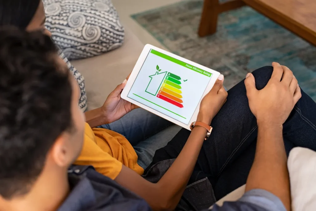 Un homme et une femme assis sur un canapé entrain de regarder une tablette avec des notes de DPE