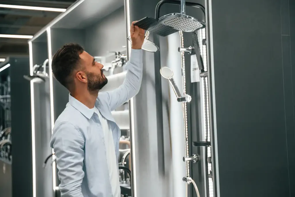 Un homme qui regarde des colonnes de douche