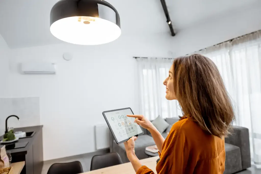 Une femme qui gère l'éclairage de son espace avec une tablette