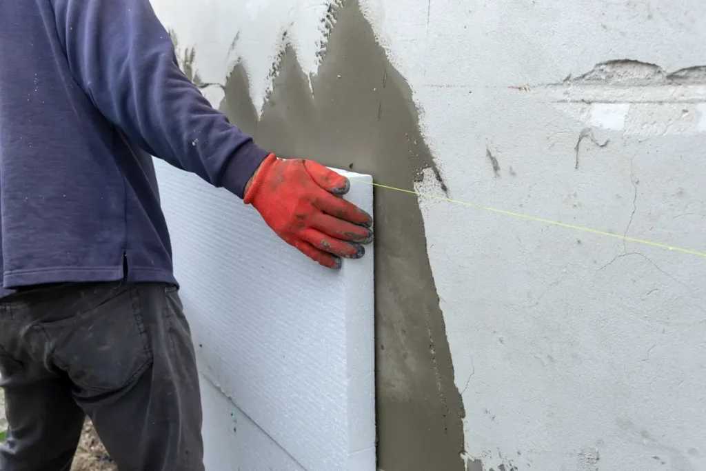 Un homme qui pose du polystyrène sur un mur