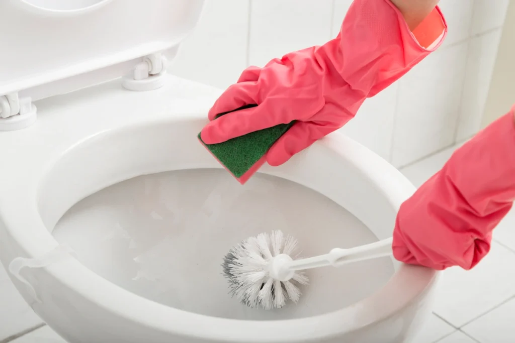 Une personne avec des gants roses qui nettoie des toilettes avec une brosse et une éponge