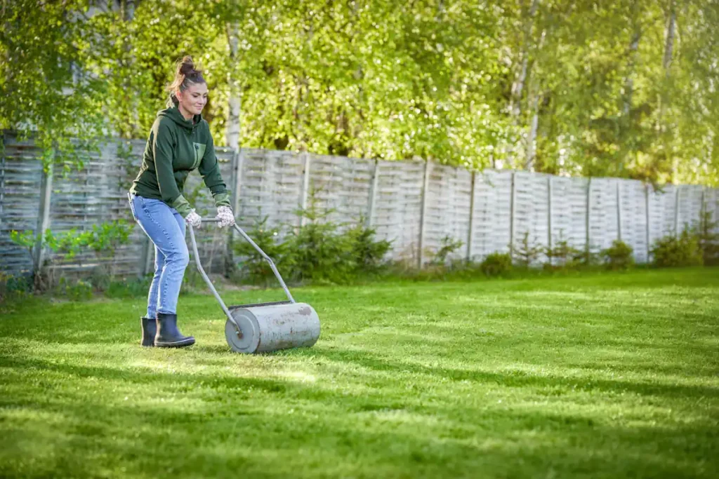 Une femme avec un scarificateur sur une pelouse verte