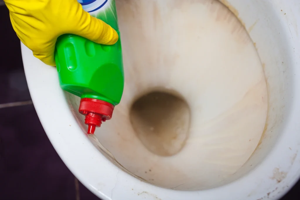 Une personne qui applique du produit nettoyant dans les cuvettes de toilette
