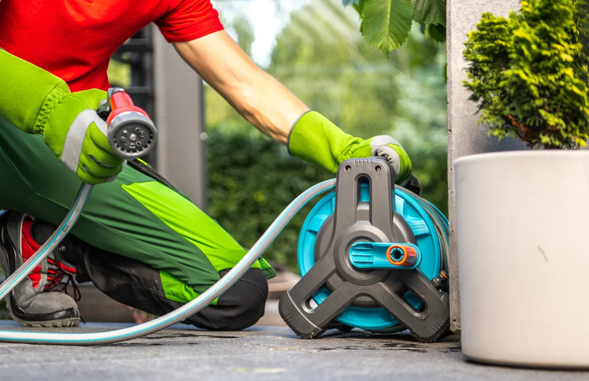 Un homme qui range un tuyau d'arrosage 