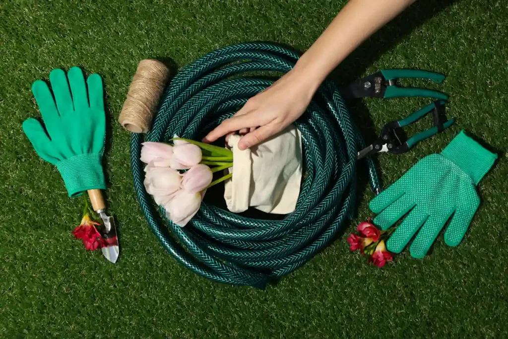 Une personne qui range un tuyau arrosage